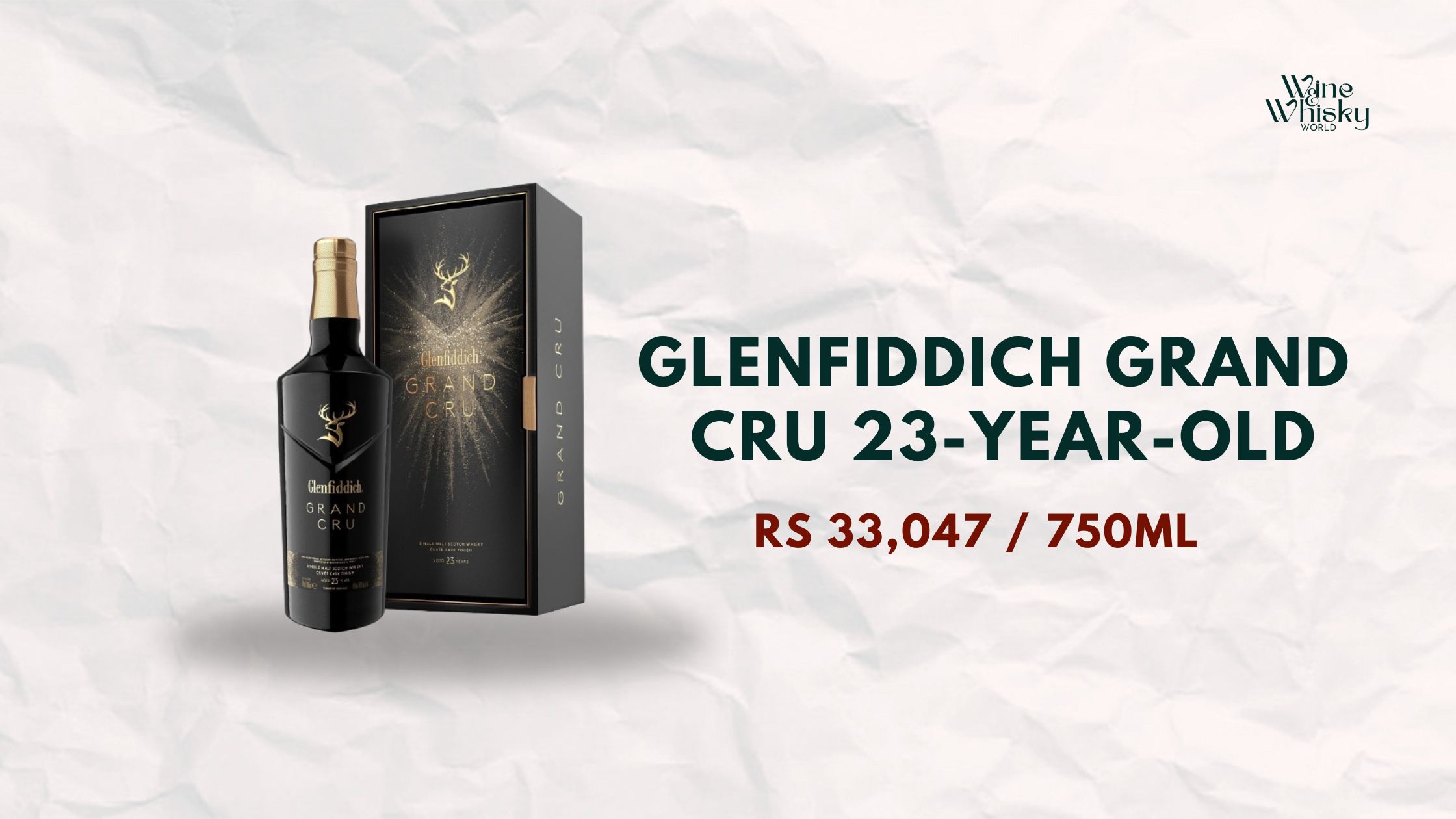 Glenfiddich Grand Cru 23-Year-Old (Speyside) bottle with a black displayed on a textured white background. The price is listed as Rs 29,190 for a 750ml bottle. Wine Whisky World logo in the top right corner